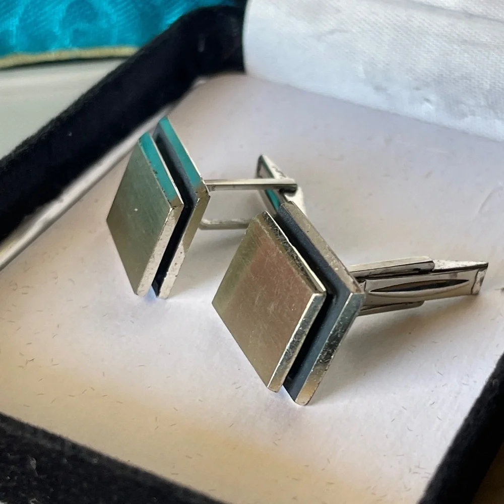 Vintage Mid Century Solid Sterling Silver Plaque Square Cufflinks